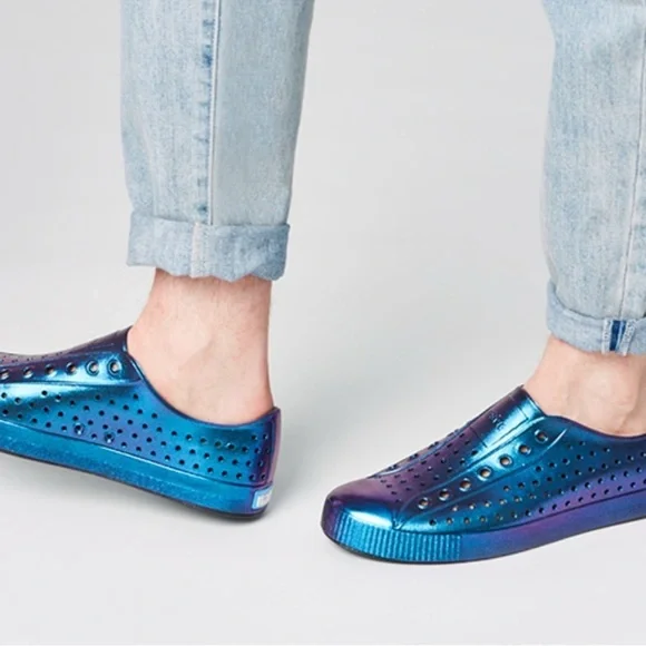 Shiny Blue Perforated Slip-Ons - Picture 2 of 16